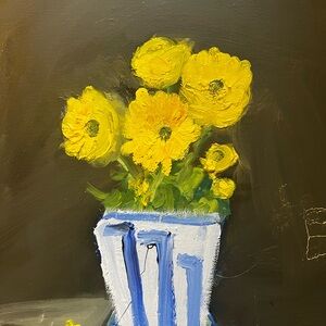 Yellow Floral Canvas Art in Blue-Striped Vaseyellow Floral